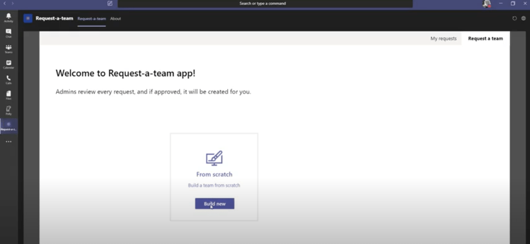 Screenshot of the request a team application in Teams