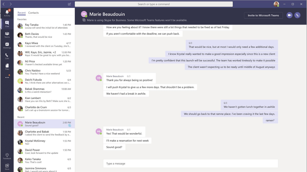 Screenshot of the chat interface in Microsoft Teams.