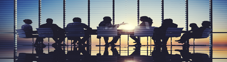 Image of board members sitting in office chairs around a long rectangular table, in front of a large window letting in evening sunlight.