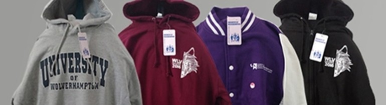 Graphic of clothing sold at the campus store, including hoodies and bomber jackets with University of Wolverhampton branding