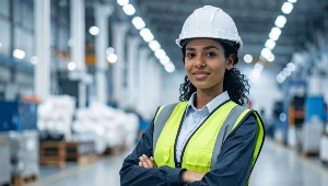 Photograph of a woman wearing a high visibility jacket and white hardhat.