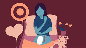 Graphic of a person in a hospital bed surrounded by flowers, balloons and get-well cards, an operation scar across their midsection