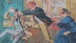 Painting of a person grabbing another by their coat while a third watches with concern