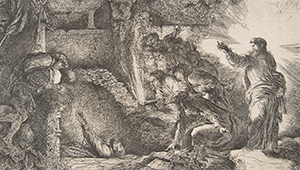 A drawing depicting the resurrection of Christ, a group of people surrounding an empty tomb with another luminous figure behind them