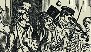Black and white print of a group of people, wearing top hats and flat caps, one playing a violin