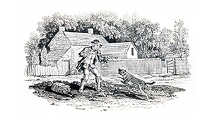 Black and white print of a person with a dog on the road outside a house