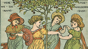 Painting depicting four young people circling a plant in a re-enactment of the famous nursery rhyme HERE WE GO ROUND THE MULBERRY BUSH