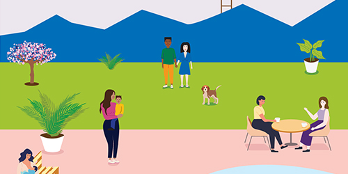 Graphic of people standing or lounging at a poolside, one couple walking a dog in a grassy area behind the pool, mountains outlined in the background