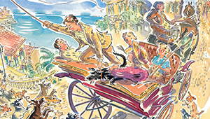 Paul Cox artwork of a horse and carriage pursued by a crowd of dogs