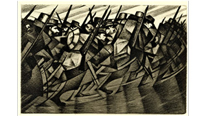 Painting of a line of soldiers holding rifles, their bodies abstractly represented by cubistic shapes