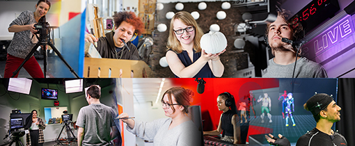 Montage image showing lots of students engaged in a variety of practices associated with the creative industries including photography, lino printing, video recording, using the motion capture studio, painting and sculpting