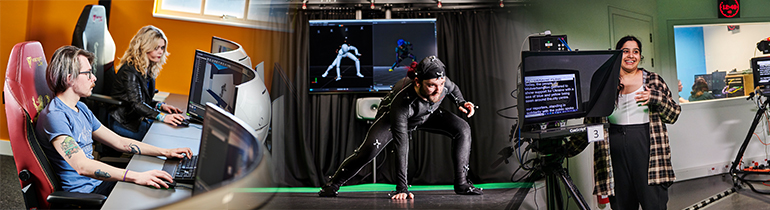 Montage image showing lots of students engaged in a variety of practices associated with the creative industries including photography, lino printing, video recording, using the motion capture studio, painting and sculpting