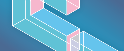 Abstract polygon composed of rectangular panels in muted shades of pastel pink, blue and green. On a teal background