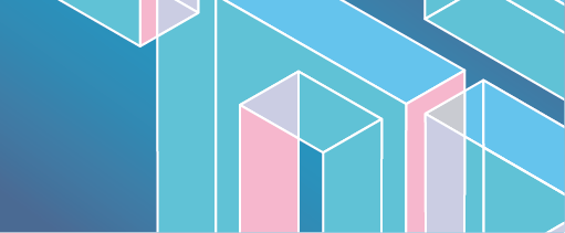 Abstract polygon composed of rectangular panels in muted shades of pastel pink, blue and green. On a teal background