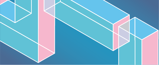 Abstract polygon composed of rectangular panels in muted shades of pastel pink, blue and green. On a teal background