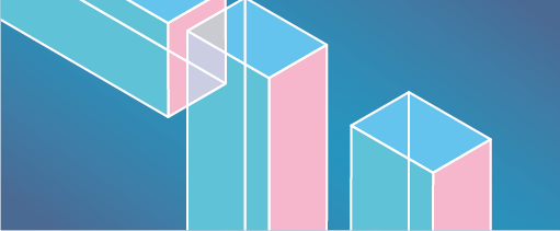 Abstract polygon composed of rectangular panels in muted shades of pastel pink, blue and green. On a teal background