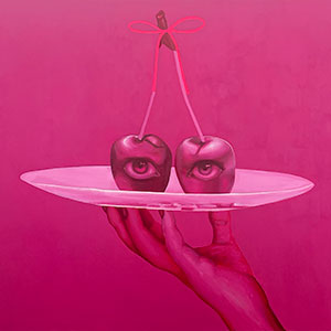Pink toned painting of a pair of cherries held on a platter, tied together with a ribbon and pictured with a pair of eyes imposed onto them.