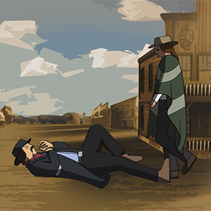 Drawing of two wild west outlaw figures on the edge of a town, one writhing on the ground clutching their empty hand while the other stands over them.