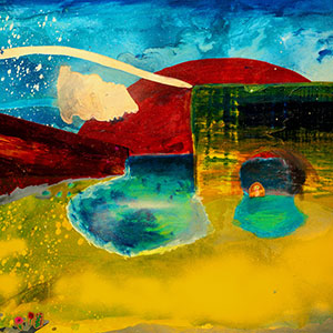Abstract landscape painting whose shapes resemble a large pond, hills and bridges, coloured in lurid yellows, reds and blues.