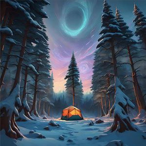 Artwork of an illuminated tent in a snowy forest clearing, surrounded by tall trees, large swirling patterns in the dawn sky.