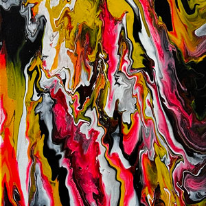 Red, yellow, black and white abstract painting by Kathryn Boyce