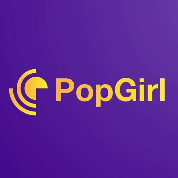 A logo reading POPGIRL, written in yellow text on a purple background, with a P-shaped logo left of the text