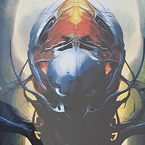 Artwork of a metallic figure with an enlarged, domed silver head beaming orange light.