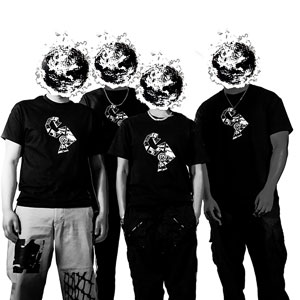 Black and white photograph of four people in matching shirts with their faces obscured by pixelated graphics of the Earth on fire.