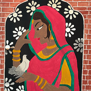 A painting of a woman with a bird standing on her hand, a clay construction of a pot of gold coins stuck to the image.