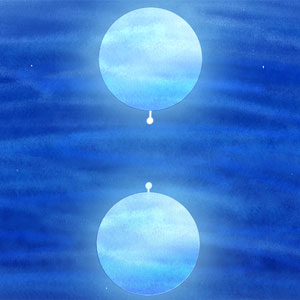 Artwork depicting two figures standing on adjacent blue planetoids, arranged such that the figures are both looking upwards at each other