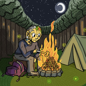 A person with tattoos and piercings sitting at a campfire under a night sky.