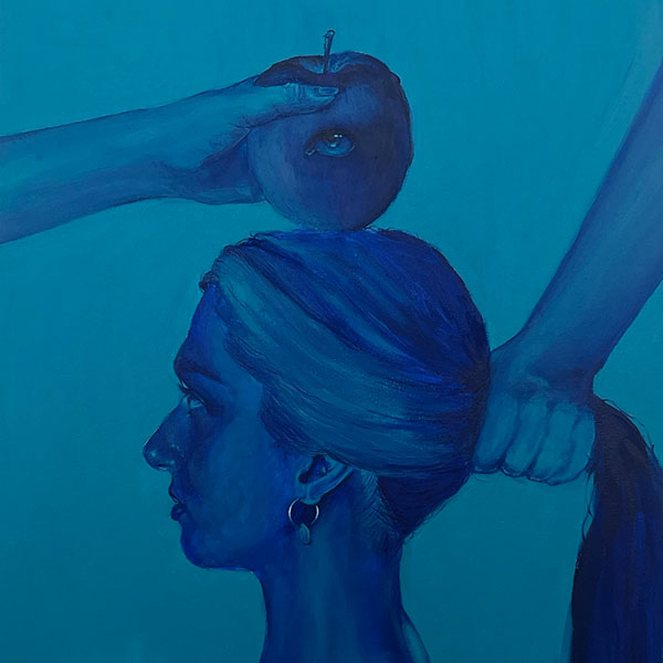 Blue toned painting of a woman facing left, one hand from out of frame balancing an apple on her head, another from behind holding her ponytail.