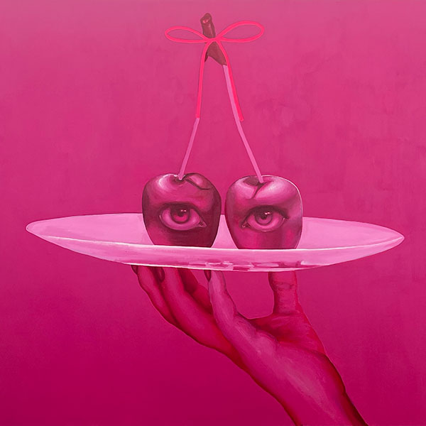 Pink toned painting of a pair of cherries held on a platter, tied together with a ribbon and pictured with a pair of eyes imposed onto them.