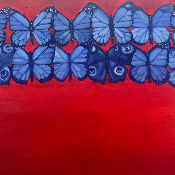 A painting of a group of blue butterflies on a red background, some of their pairs of wings decorated with eyeball patterns.