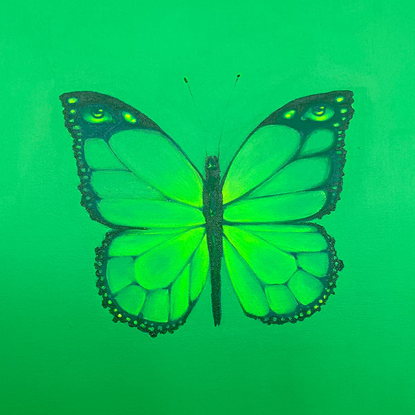 A green toned painting of a butterfly with eyeball patterns on the tips of its wings.