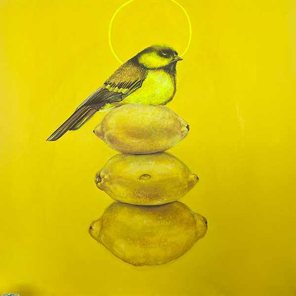 Yellow toned painting of a bird, a halo surrounding its head, nesting atop a pile of three lemons, of which the second lemon has an eyeball in its centre.