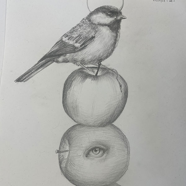 Black and white sketch of a bird with a halo around its head standing atop a stack of three apples, the second apple with an eyeball growing from its centre.