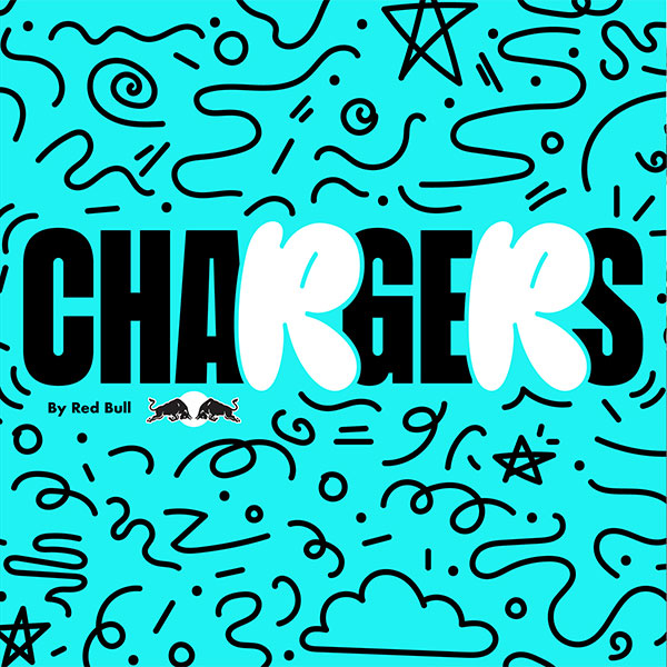 Graphic by Amy Cole for Chargers by Red Bull, the company logo displayed beneath a title with its letter Rs stylised in white bubble lettering, displayed on a cyan background with star, cloud and line images.
