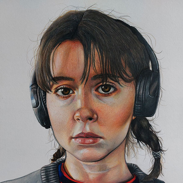 Artwork of a young person with pigtails wearing headphones and a dark grey jumper.