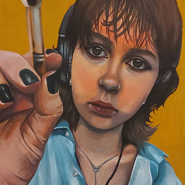Artwork of a person in a light blue blouse wearing headphones, looking towards the camera and brandishing a drawing utensil as if taken from the perspective of the drawing paper, their fingernails painted black.