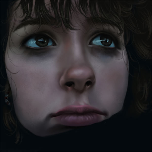 Close-up artwork of a person looking up and away from the camera, a light from an unknown source reflected in their eyes.