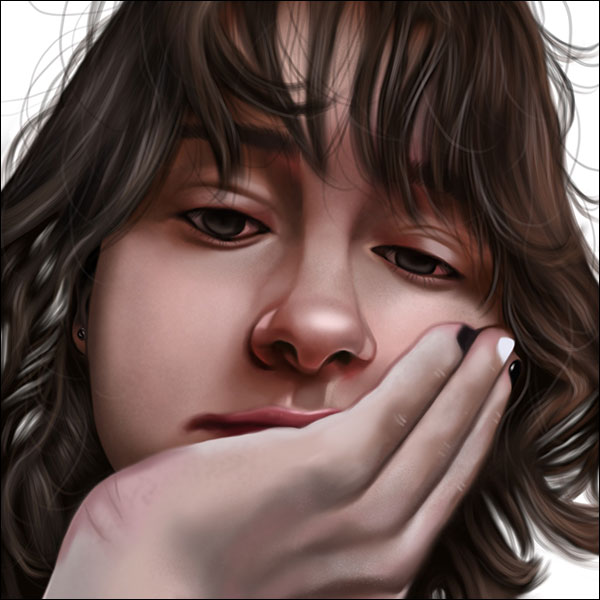 Artwork of a person looking towards the camera with their head rested in the palm of their hand, their fingernails painted sequentially black and white.