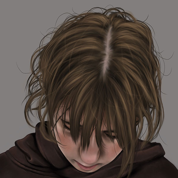 Artwork of a person in a baggy brown outfit with their head bowed against a grey background