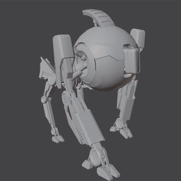 3D model of a quadrupedal robot, its front two legs and upper body larger than its rear two legs, resembling a head.