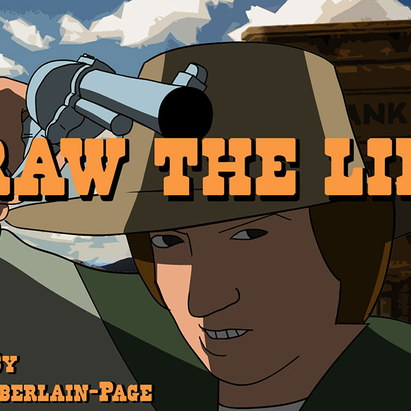 Drawing of a wild west outlaw pointing their revolver towards the camera, the title DRAW THE LINE superimposed over the image in orange text in the style of western Wanted posters, SHORT FILM BY ELIJAH CHAMBERLAIN-PAGE written in the bottom-left corner of the image.