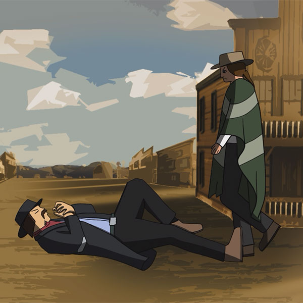 Drawing of two wild west outlaw figures on the edge of a town, one writhing on the ground clutching their empty hand while the other stands over them.