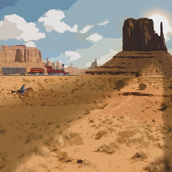 Drawing of a figure on horseback chasing a train through a desert wilderness, the sun breaking out through a large rock in the background.