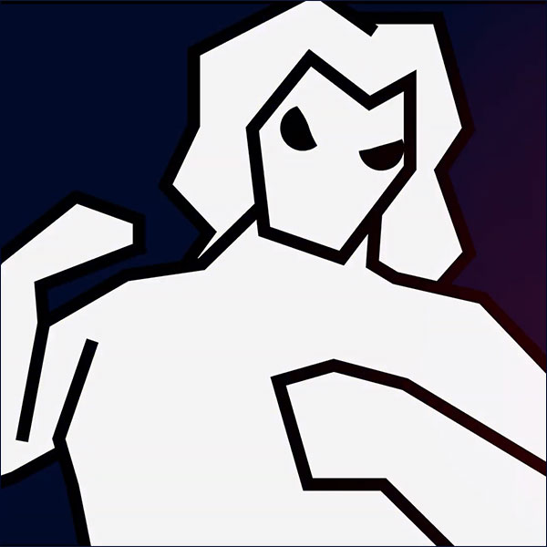 Picture of a simple white figure with a large body, mullet and frowning eyes, their right arm reeling back as if winding up a punch.