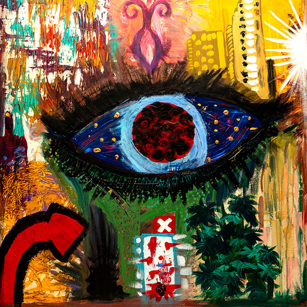 Painting of a large eye surrounded by abstract cut-ins of various images of cityscapes and plant-life.