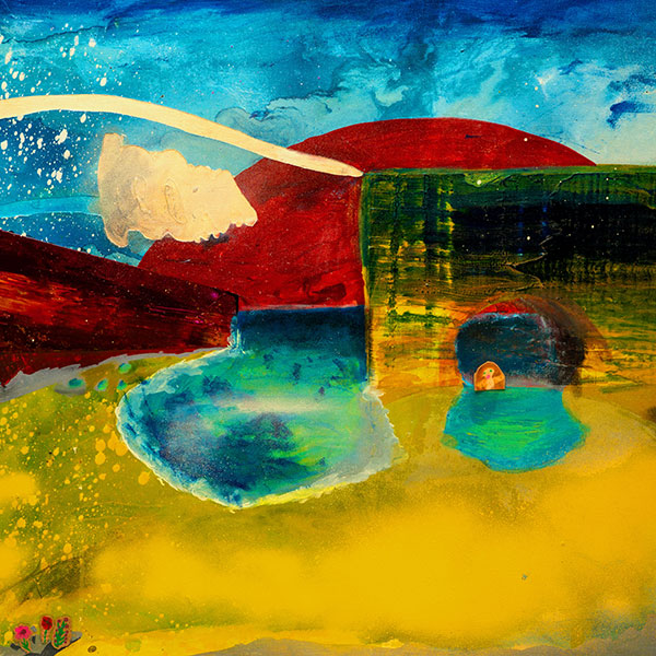 Abstract landscape painting whose shapes resemble a large pond, hills and bridges, coloured in lurid yellows, reds and blues.